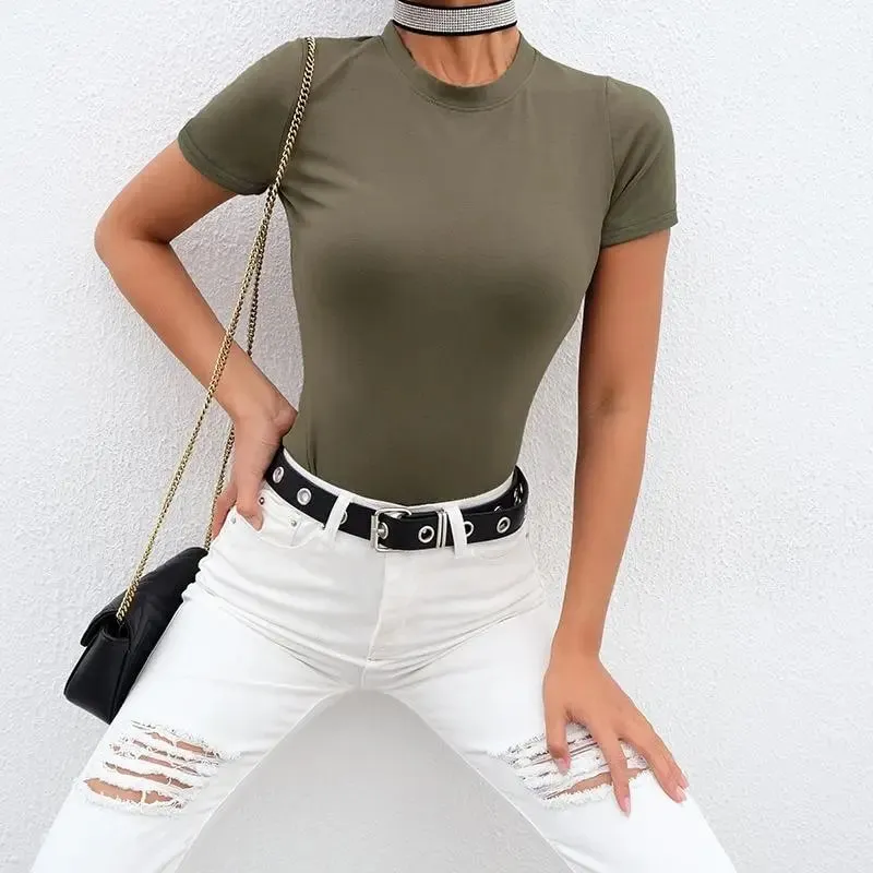 Casual Basic Black White Bodysuit Pambabae Summer Short Sleeve Woman Top Cotton Bodycon Jumpsuit Romper Ladies 2020 — image 9