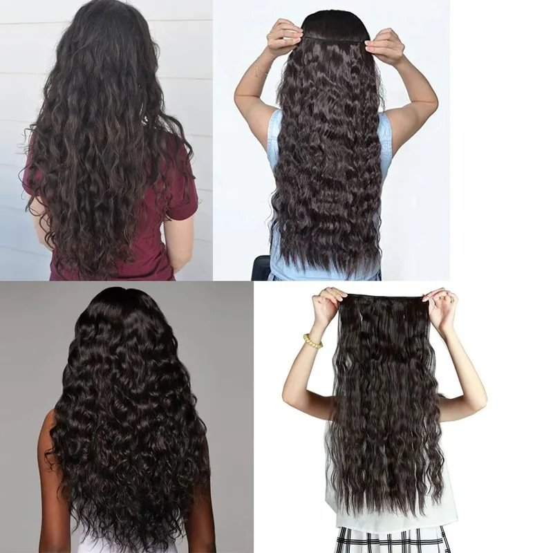Synthetic Long Wave 5 Clips Hair Extensions Clips in High Temperature Fiber Black Brown Hairpiece — image 6