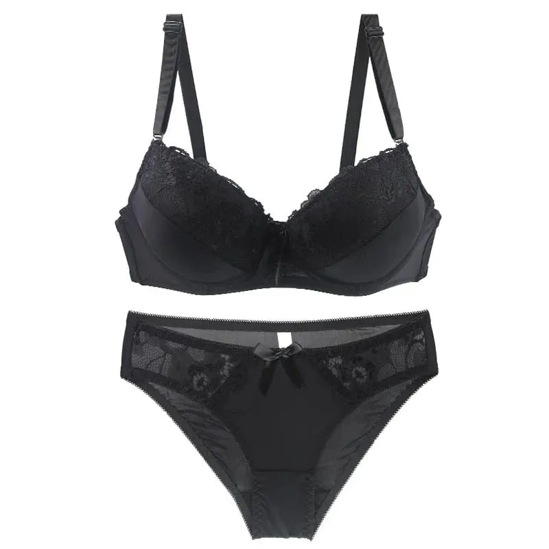2021 New Sexy Push Up Bra Sets Intimates Lace Middle Mold Cup Thongs Underwear Solid Bow 70-105 BCDE Female Plus Size Lingerie