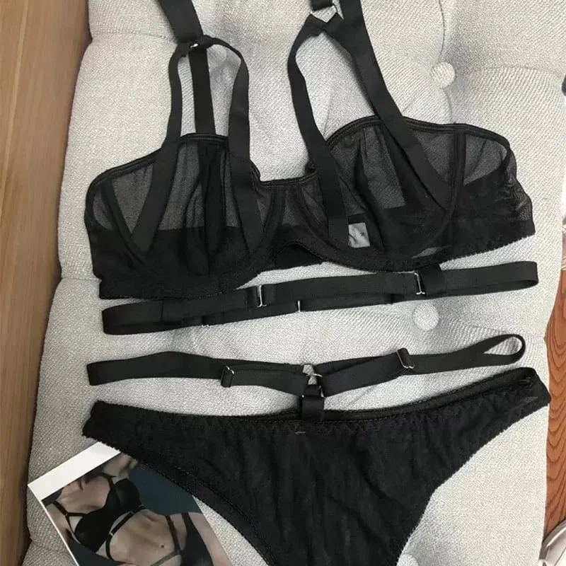 Sexy Ultra-thin Transparent Half Cup Mesh Bandage Bra and Briefs Set Underwear with Push Up Women Lingerie White Red Black