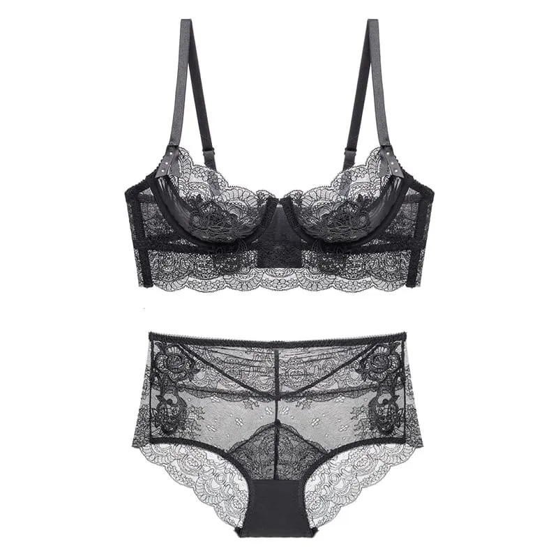 Pink Mesh Bra And Panty Sets For Women Plus Size C D Transparent No Padding See Through Underwire Floral Sexy Underwear Lingerie
