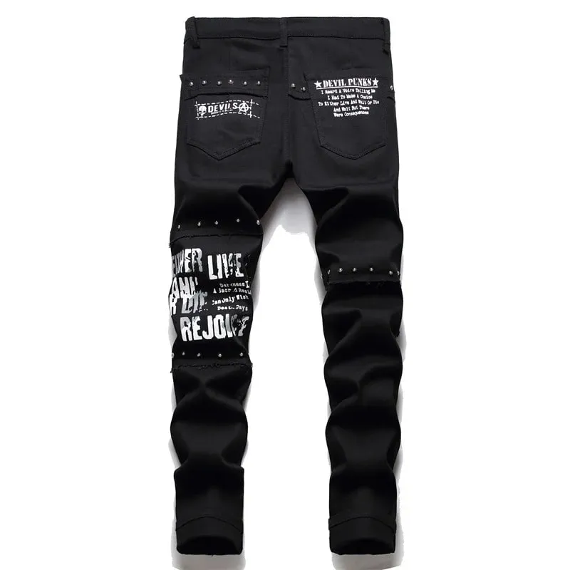 Men's Scotland Red Plaid Tartan Patchwork Jeans Punk Rivet Patch Black Denim Pants Skull Letters Printed Slim Straight Trousers — image 3