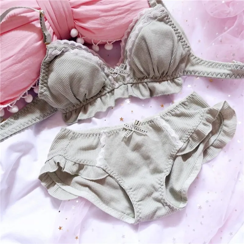 Japanese Student Girl's Underwear Set Cotton Bow Lace Wireless Bras Thongs Lace Lingerie Set Women Push Up Bra and Panty — image 5
