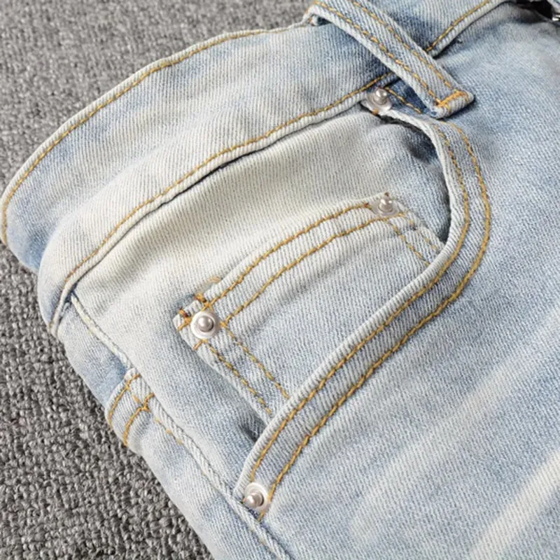 Men Crystal Holes Ripped Patchwork Jeans Streetwear Light Blue Denim Slim Skinny Pencil Pants Trousers — image 3