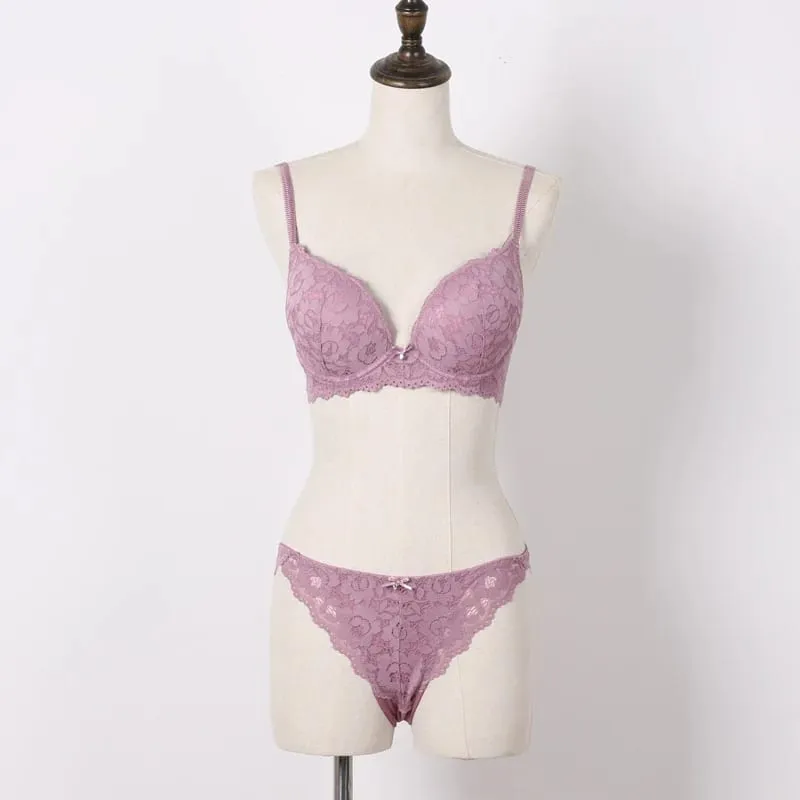 Push Up Bra Set Embroidery Lace Bra and Panties Set Thick Cup U Backless Everyday Lingerie Underwear Women Brassieres