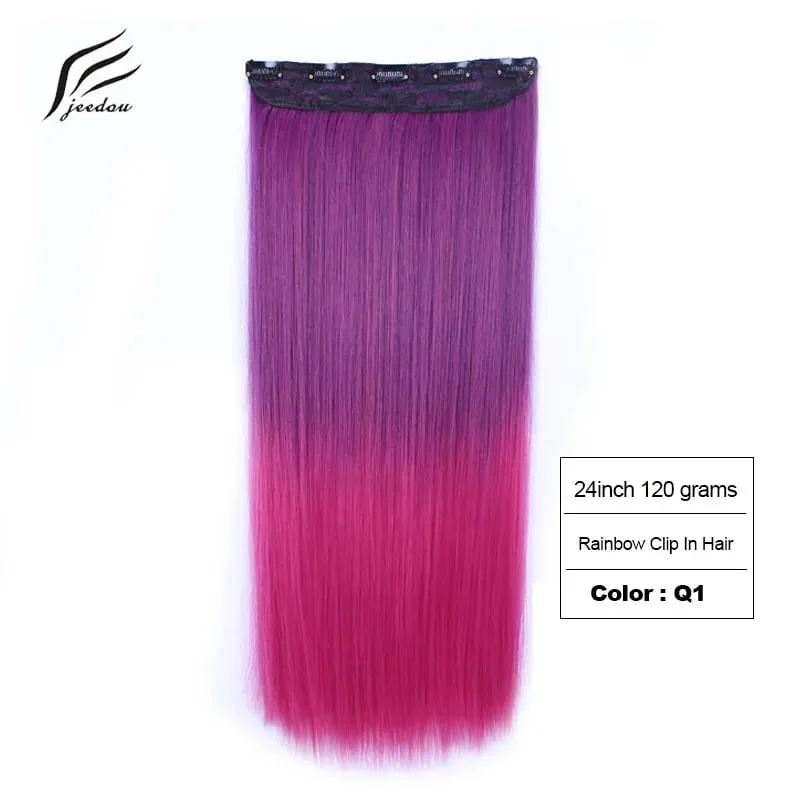 Jeedou Straight Blue Rainbow Balayage Ombre Color Clip-in-One-Piece-Haarverlängerung, synthetisches Halloween-Cosplay-Haarteil