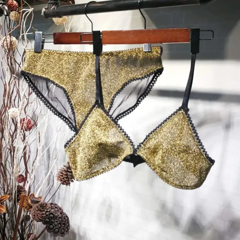 Wriufred Comfortable Bra Sets Temptation Wild Triangle Cup Underwear Gold Sliver Ultra thin Sexy Lingerie Sets — image 1