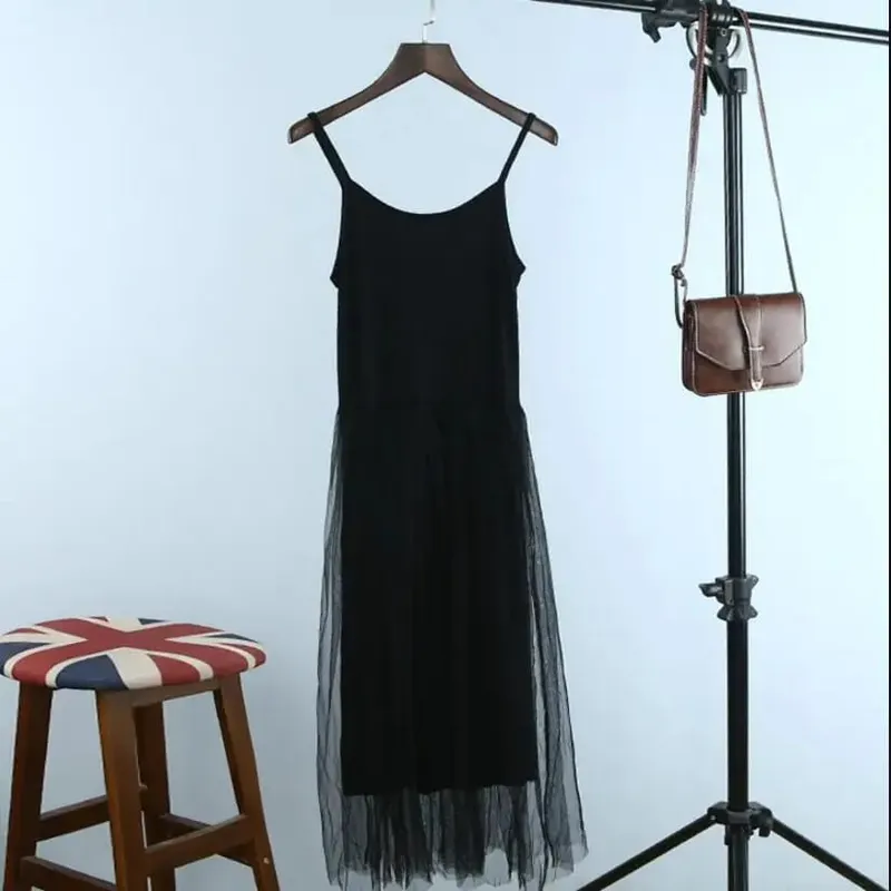 Spring And Summer New Sexy Spaghetti Strap Patchwork Mesh Dress Women Gauze Lace Tank Casual Dresses Sundress Party Vestidos