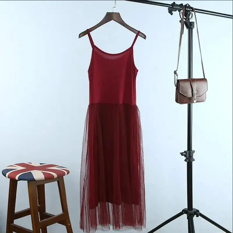 Spring And Summer New Sexy Spaghetti Strap Patchwork Mesh Dress Women Gauze Lace Tank Casual Dresses Sundress Party Vestidos