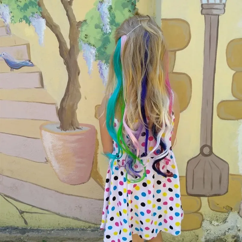 Leeons Synthetic Hair Extensions With Clip Heat Resistant Hair Extensions Rainbow Hair For Kids And Women Wavy Style 20 Inch