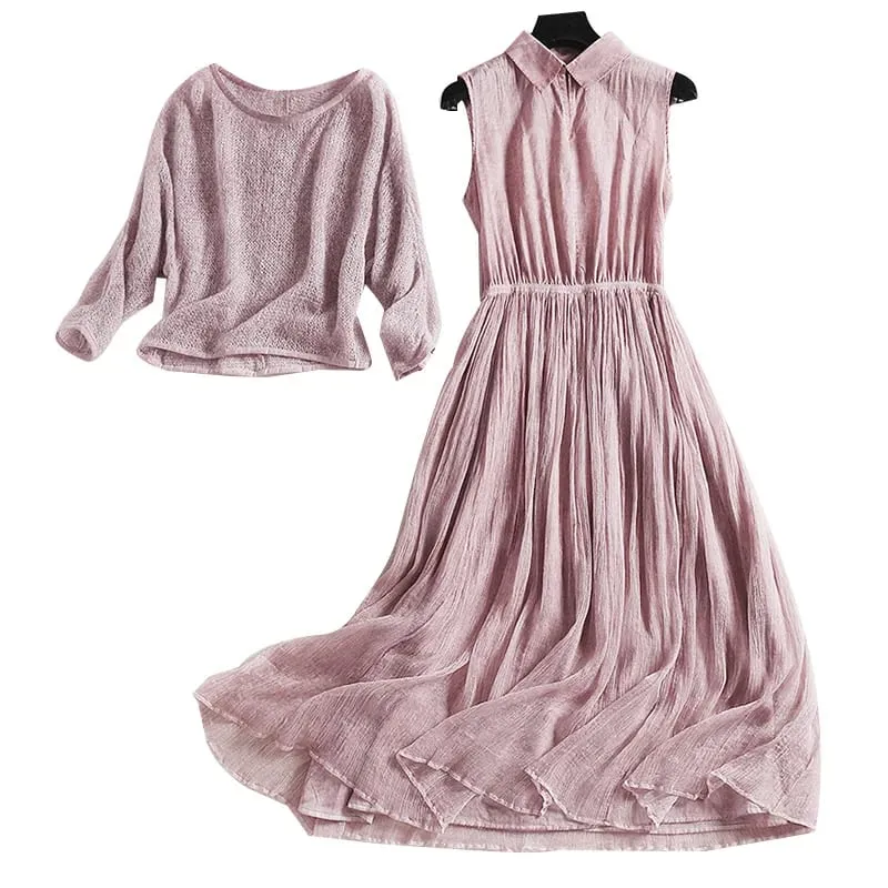 High Quality 2017 New Women's Spring Summer Silk Two Piece Dress Female Elegant Sleeveless Solid Brief Slim Long Dresses — image 4