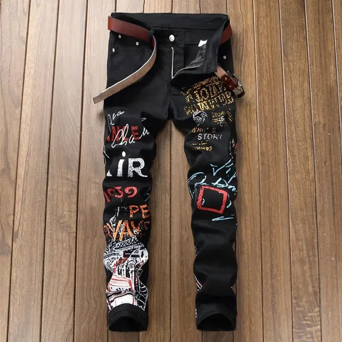 Sokotoo Men's Letters Pattern Printed Black Jeans Fashion Painted Slim Fit Stretch Cotton Denim Pencil Pants
