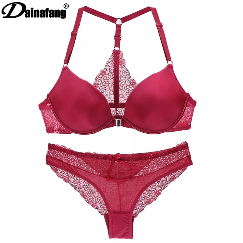 2022 New Sexy Halter Deep V Push Up Bras Set Solid Smooth Bow Decorative Women Underwear AB Cup Girls Lingerie — image 1