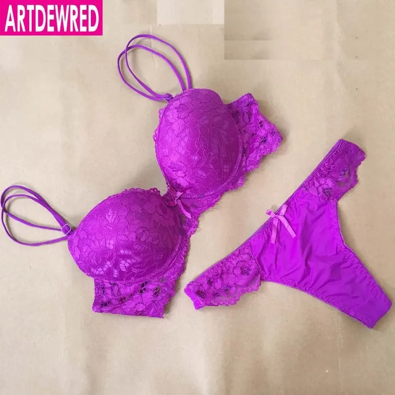 New Sexy Lace Embroidery Flowers Plus Size Double Shoulder Strap Bra Set Deep V-neck Women's Push up Underwear Sets