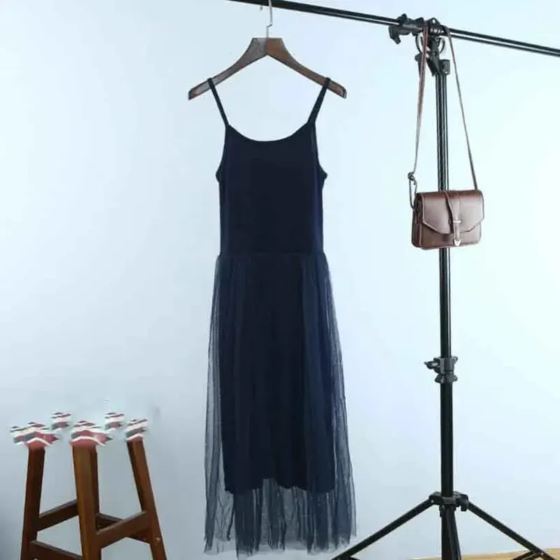 Spring And Summer New Sexy Spaghetti Strap Patchwork Mesh Dress Women Gauze Lace Tank Casual Dresses Sundress Party Vestidos