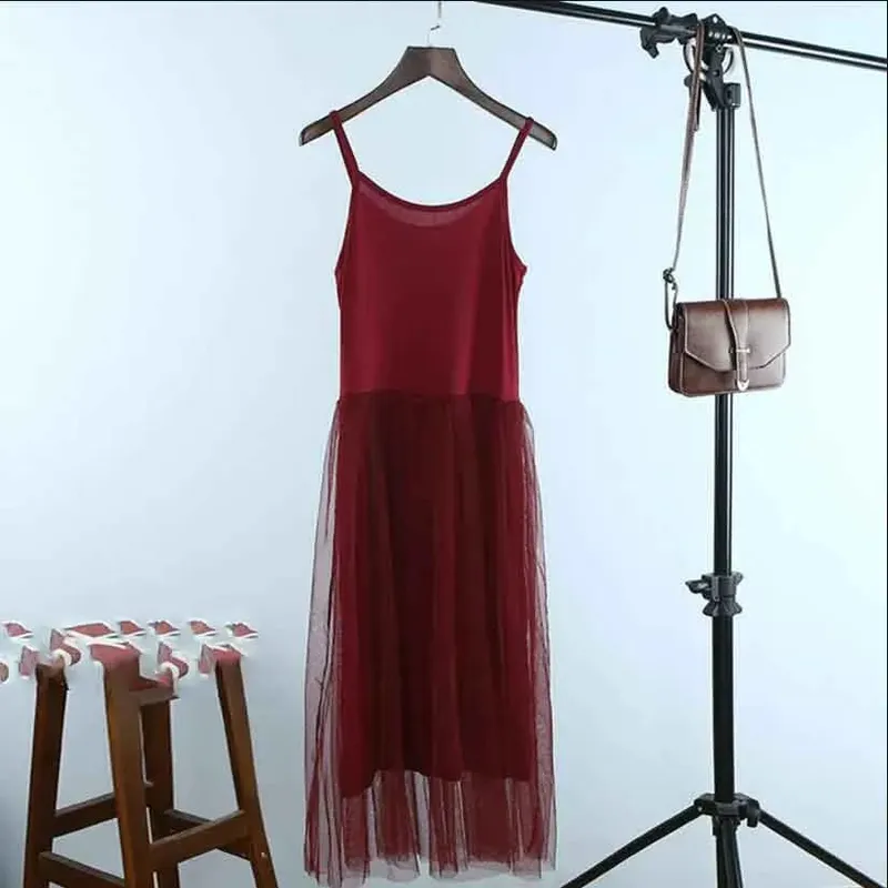 Spring And Summer New Sexy Spaghetti Strap Patchwork Mesh Dress Women Gauze Lace Tank Casual Dresses Sundress Party Vestidos
