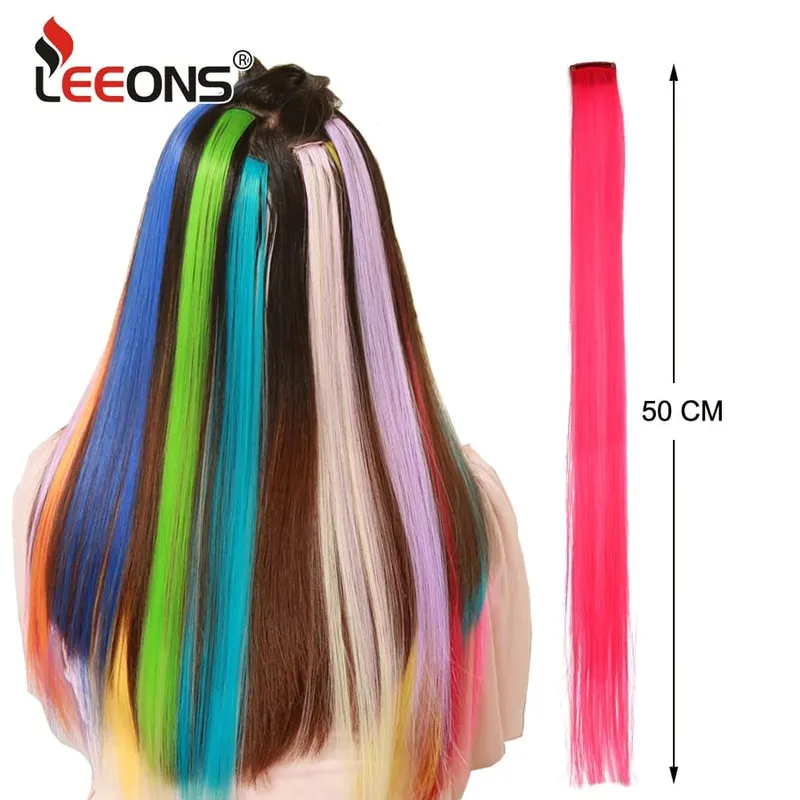 Synthetic Clip In One Pieces Raiinbow Hair Extensions Straight Synthetic Hair Pieces 18" Long Ombre Hair Pink Purple Red Blue — image 4