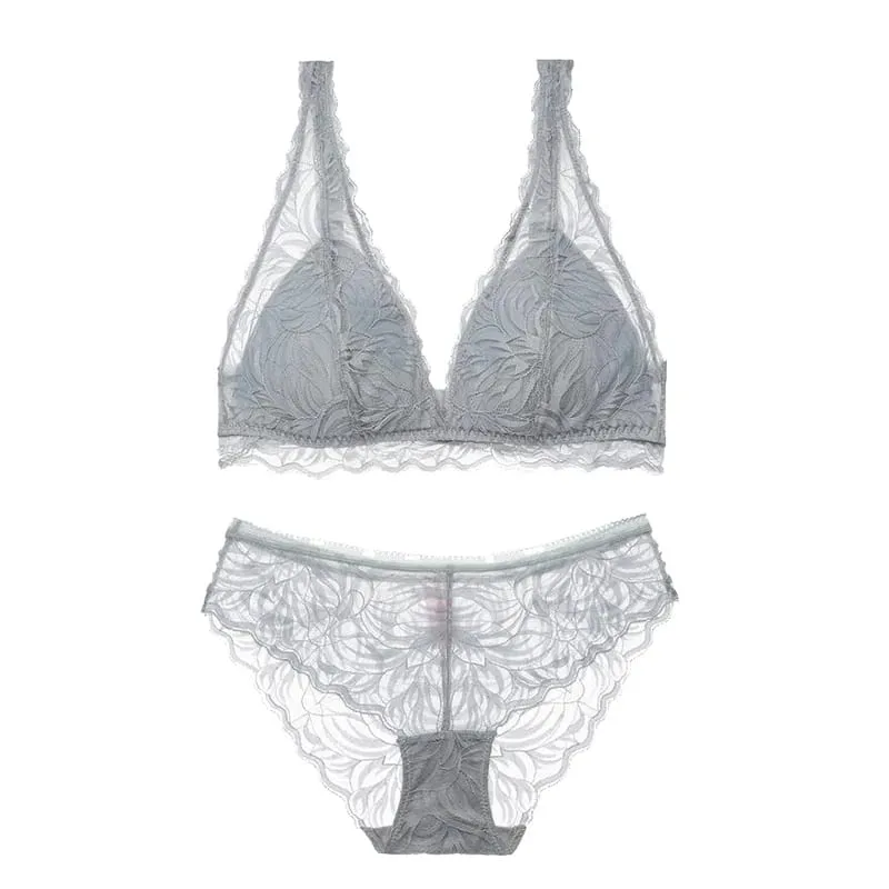 Floral Lace Deep V Plunge Triangle Wireless Vest Top Bra and Panty Set Lacy Underwear Ultra-thin Lingerie Women Brassiere
