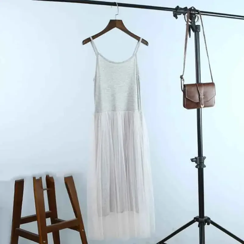 Spring And Summer New Sexy Spaghetti Strap Patchwork Mesh Dress Women Gauze Lace Tank Casual Dresses Sundress Party Vestidos