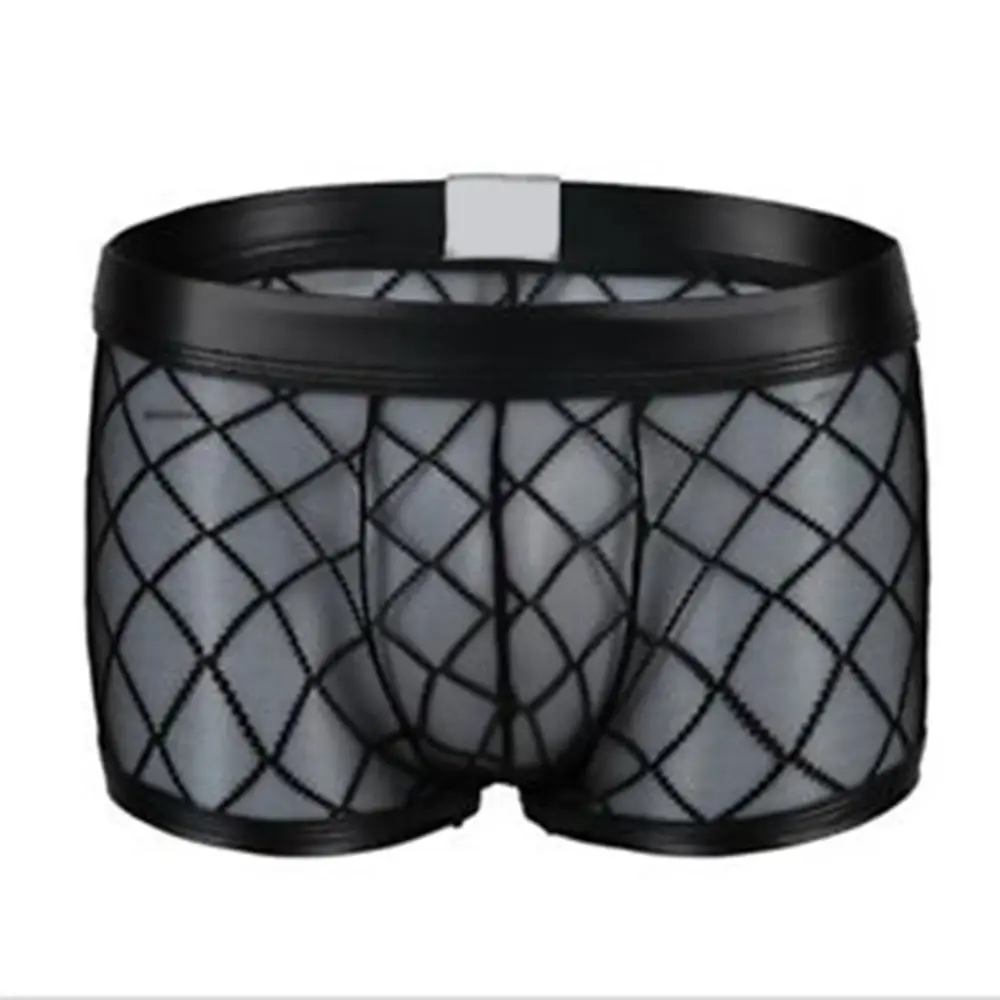 Sexy respirável fino boxer preto masculino malha transparente ver através de u-convexo roupa interior lingerie gay wear calças — image 1