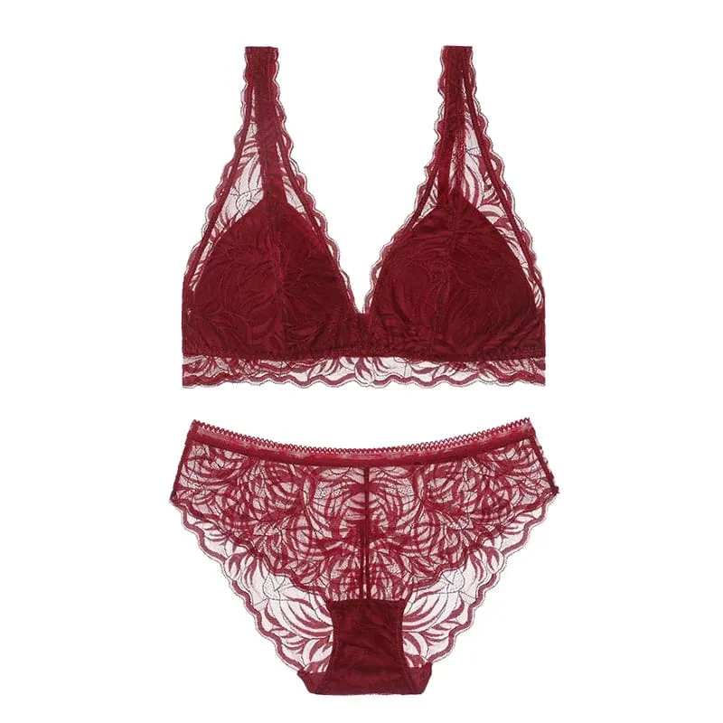 Floral Lace Deep V Plunge Triangle Wireless Vest Top Bra and Panty Set Lacy Underwear Ultra-thin Lingerie Women Brassiere