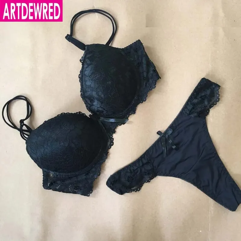 New Sexy Lace Embroidery Flowers Plus Size Double Shoulder Strap Bra Set Deep V-neck Women's Push up Underwear Sets