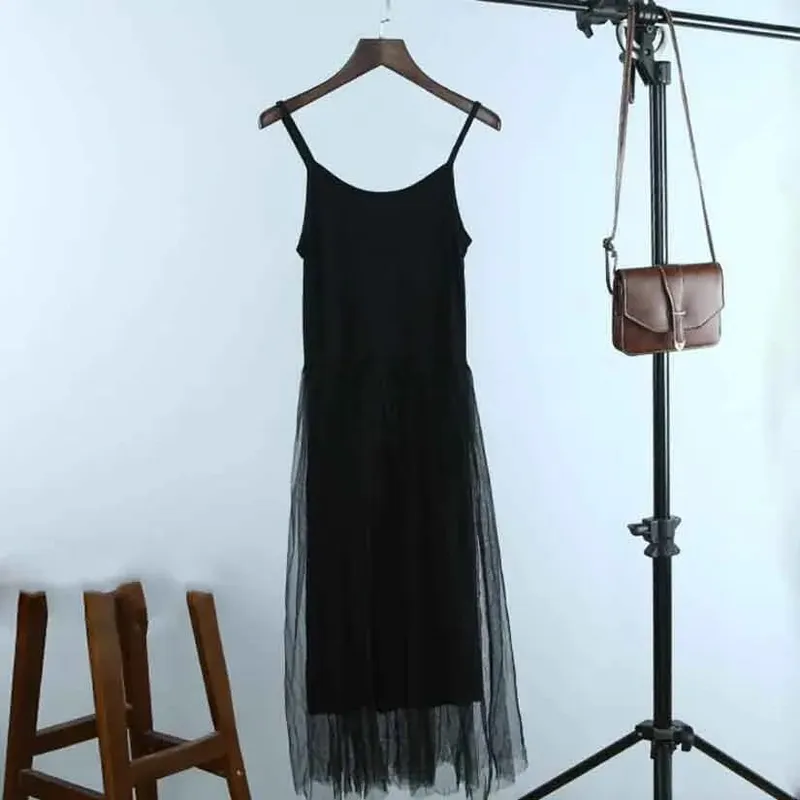 Spring And Summer New Sexy Spaghetti Strap Patchwork Mesh Dress Women Gauze Lace Tank Casual Dresses Sundress Party Vestidos