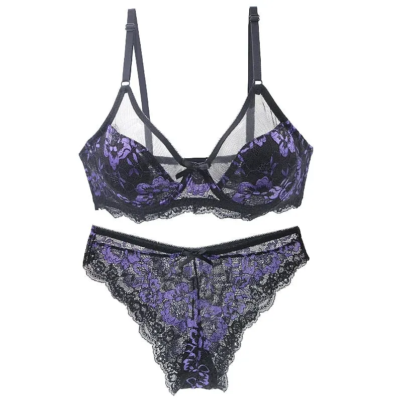 Women Ultra-thin BCDE Cup Mesh Lace Underwear Transparent Bra Sets Beauty Back Hollow Embroidery Female Lingerie — image 4