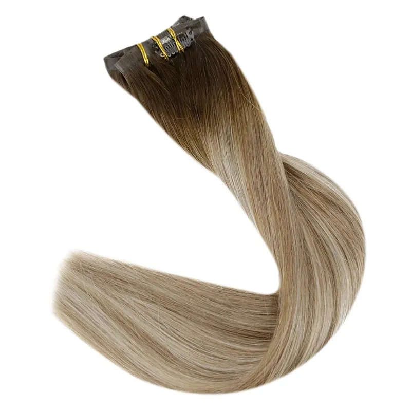 Full Shine Seamless Invisible Clip In Extensions Human Hair 8 Pcs 120g Remy Balayage Blonde Color