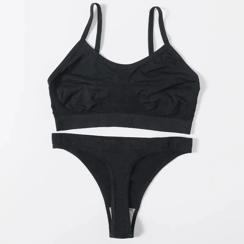 Women Seamless Bra And Panties Set Wire Free Bralette High Leg Cut Thongs Comfort Ribbed Unlined Underwear Sexy Lingerie Set