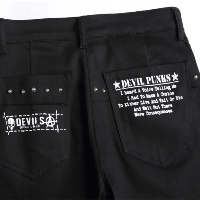 2026 Korean Fashion Red Plaid Patchwork Punk Rivet Men Slim Jeans Trousers Skull Letters Print Hip Hop Chain Denim Pants Spodnie
