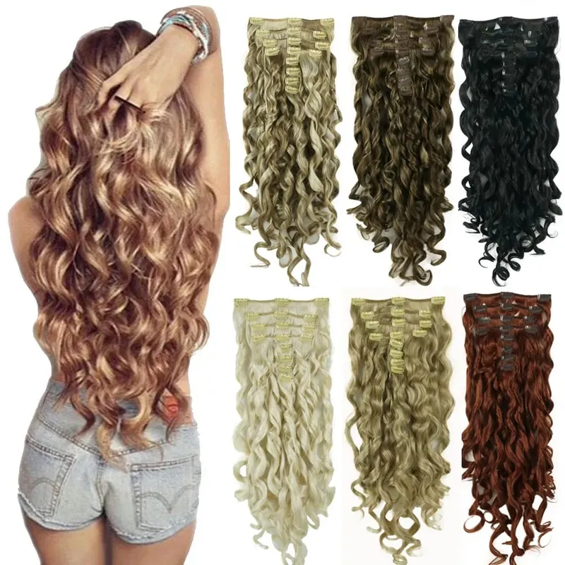 StrongBeauty 20" Wavy Full Head Synthetic Heat Resistance Hair Extensions Clip on in Hairpieces 8pcs 260g