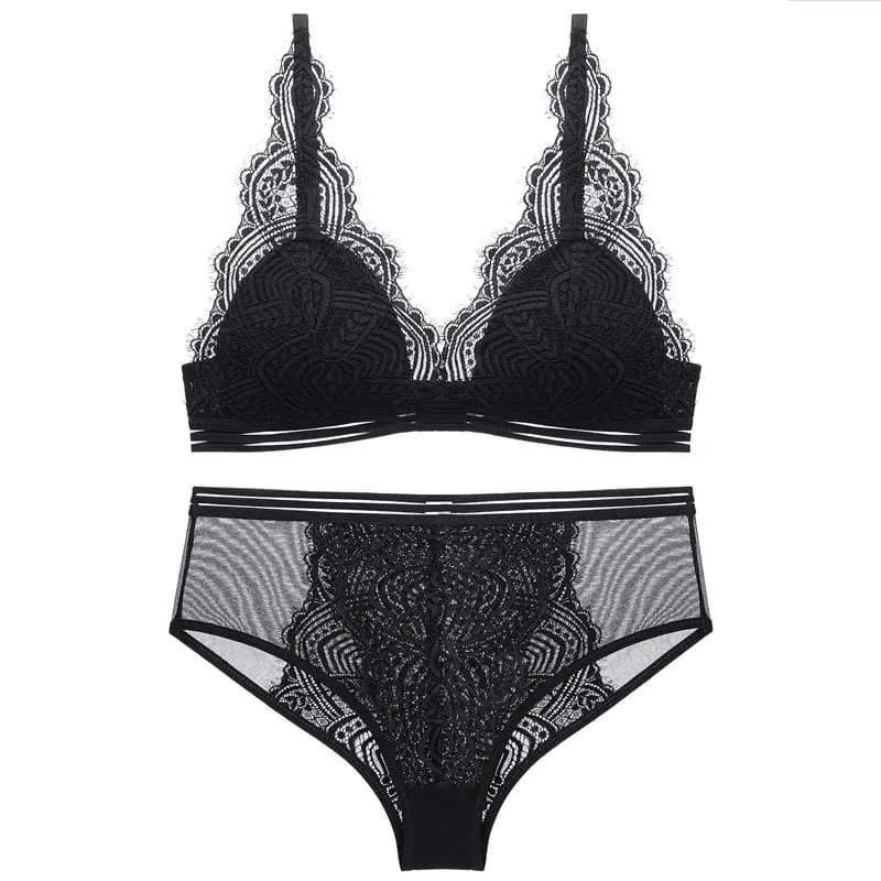 Thin Lined Wireless Lace Triangle Cup Bra and Panties Set Underwear Women Sexy French Lingerie Girls Bra Bralette