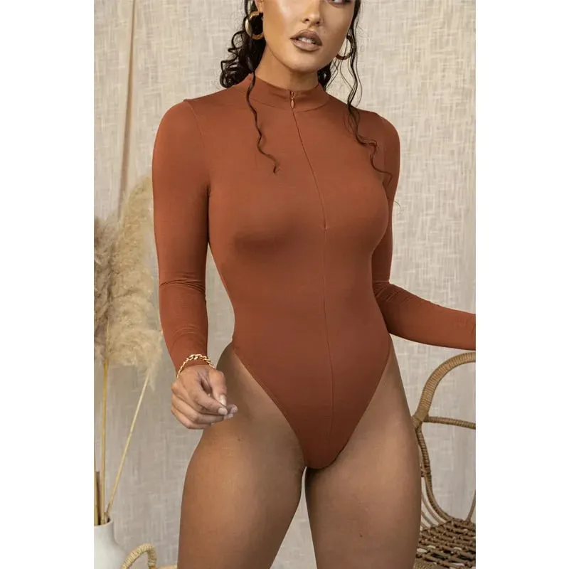 Solid Zipper Bodycon Bodysuits Women Sexy Mock Neck Autumn Long Sleeve Fashion Slim Basic Body Winter Gray Outfits Lady — image 4