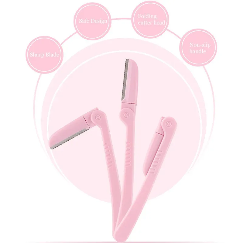 3Pcs/Set Pink Folding Eyebrow Trimmer Armpit Hair Razor Beauty Face Eye Brow Shaper Shaver Stainless Steel Blades Makeup Tools — image 4