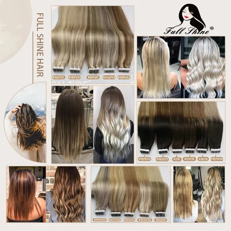 Full Shine Tape in Hair Extensions Remy Human Hair Darkest Brown 12inch-24inch 100% Remy Human Hair Invisible Straightu