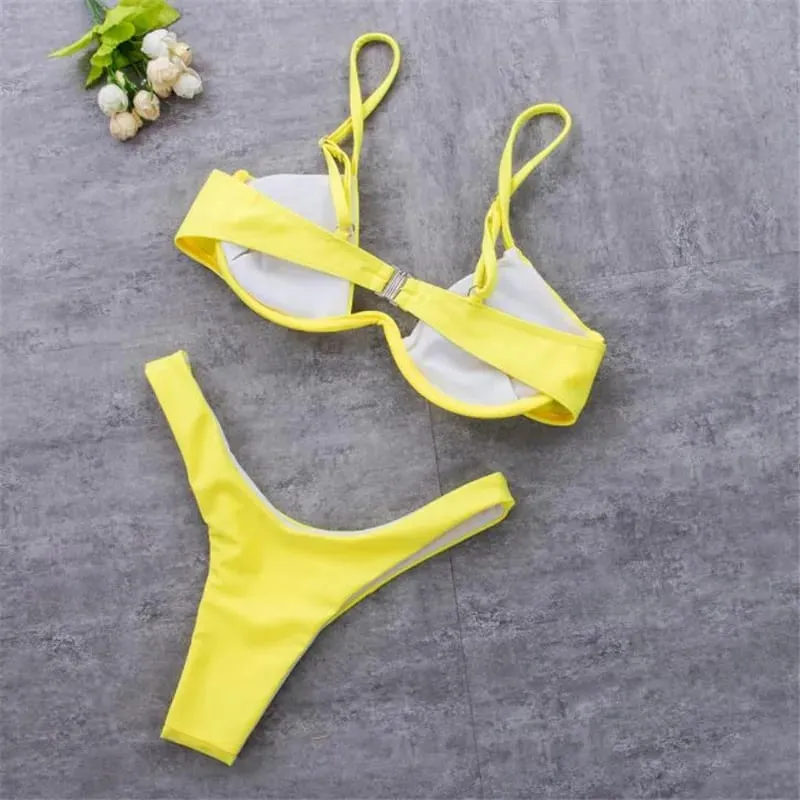 Women 2PCS Bikini Set Solid Color Wire Padded V-Shaped Back Buckle Bra Triangle High Waist Panty Summer Swimming Set Underwear — image 6