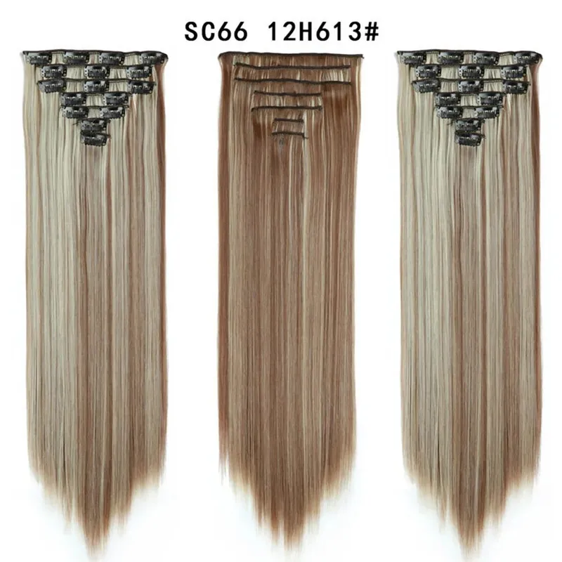 22palcové syntetické dlouhé rovné prodlužování vlasů s klipsem 16 klipů pro ženy falešné falešné vlasy ombre černá blond styling vlasů — image 13