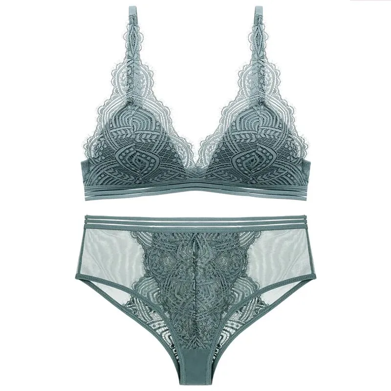 Thin Lined Wireless Lace Triangle Cup Bra and Panties Set Underwear Women Sexy French Lingerie Girls Bra Bralette — image 3