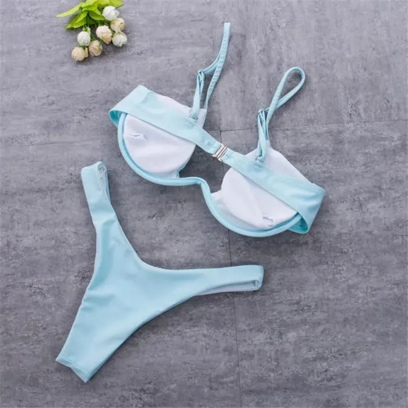 Women 2PCS Bikini Set Solid Color Wire Padded V-Shaped Back Buckle Bra Triangle High Waist Panty Summer Swimming Set Underwear — image 5