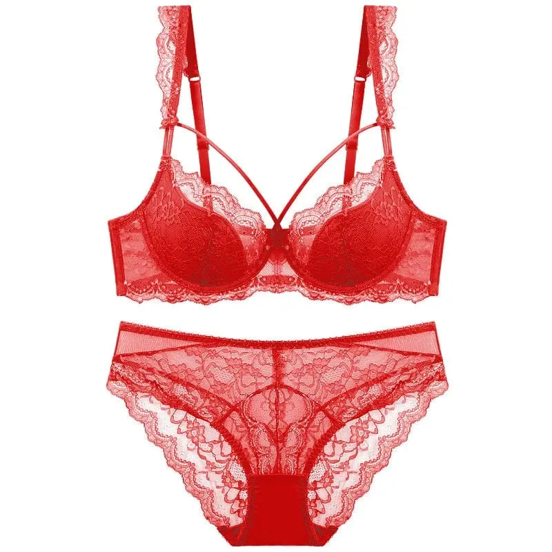 Thin Lined Plus Size Lace Bra and Panties Set Underwear with Bandage Women Push Up Lingerie A B C D E Cup 95C 95D — image 4