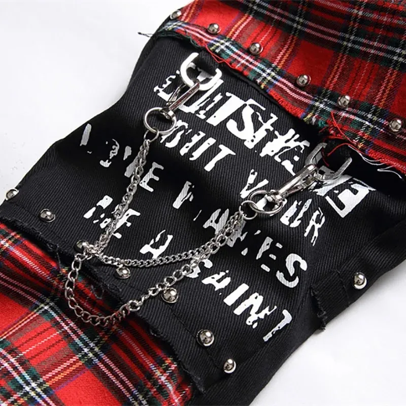 Men's Scotland Red Plaid Tartan Patchwork Jeans Punk Rivet Patch Black Denim Pants Skull Letters Printed Slim Straight Trousers — image 5