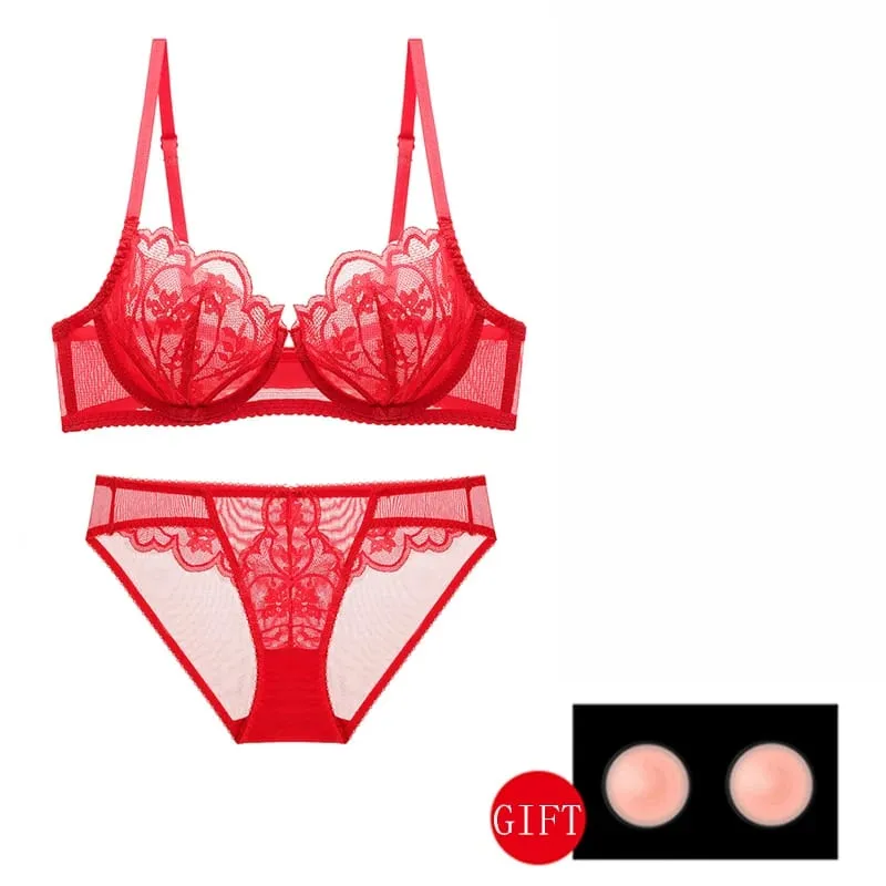 Vit spets Genomskinlig sexig bh- och trosset Plus Size D E Cup Blommig Mesh Damunderkläder Röda BH:ar Underkläderset för damer — image 4