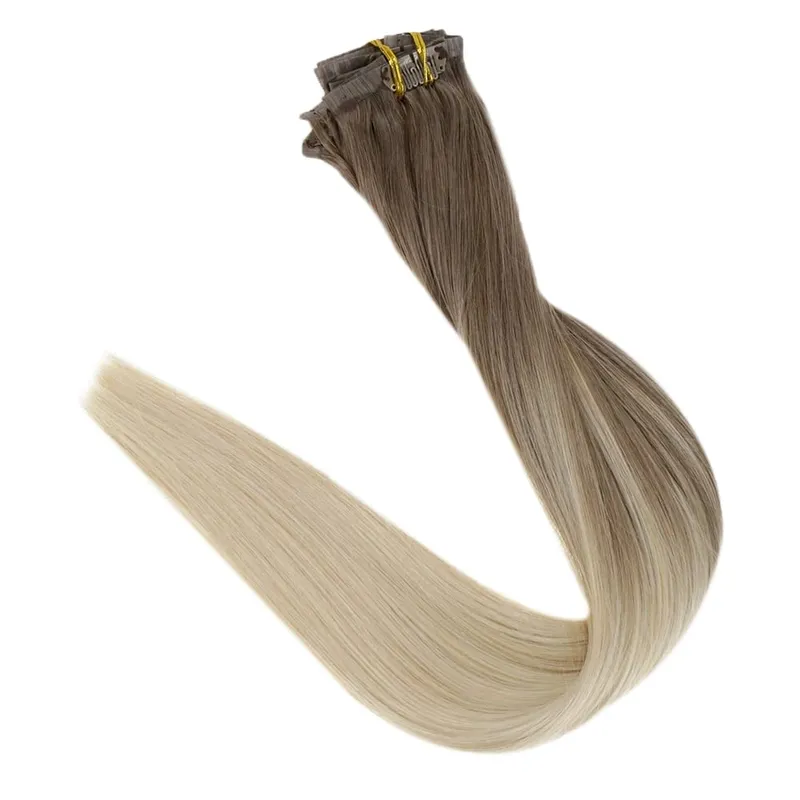 Full Shine Seamless Invisible Clip In Extensions Human Hair 8 Pcs 120g Remy Balayage Blonde Color