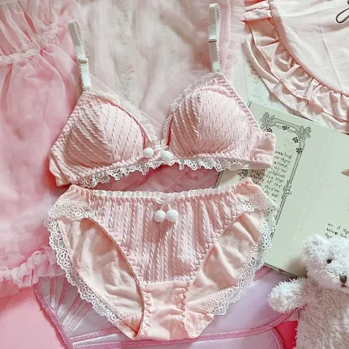 Japanese Student Girl's Underwear Set Cotton Bow Lace Wireless Bras Thongs Lace Lingerie Set Women Push Up Bra and Panty — image 10