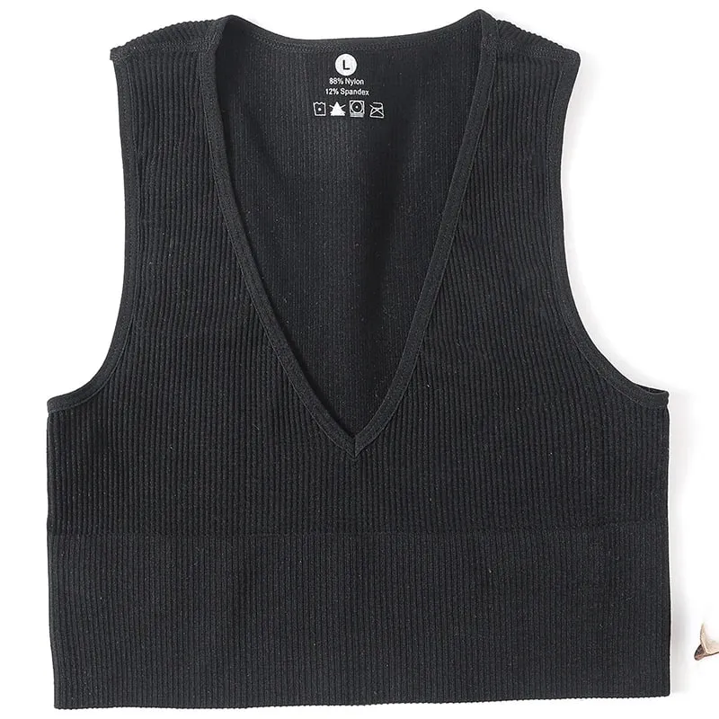 Deep V-Neck Wome Crop Top Solid Color Slim Fit Tank Stretchy Sleeveless Vest Casual Ribbed Knit Bra Top Low Cut Camisole M-XL