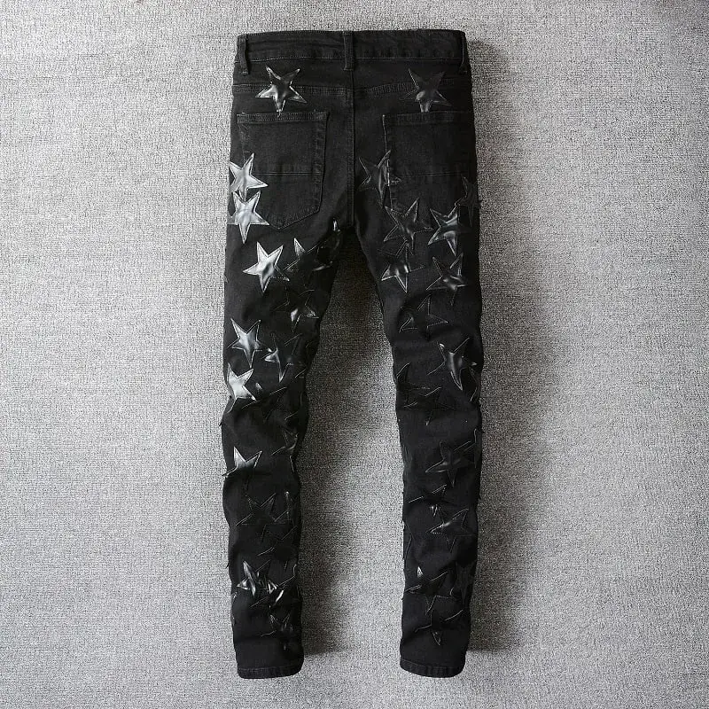 Men's Leather Stars Patch Jeans Black Stretch Denim Pencil Pants Slim Skinny Patchwork Trousers — image 3