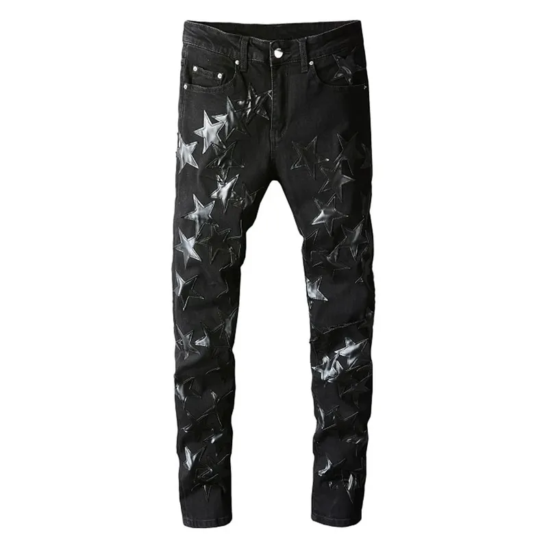 Men's Leather Stars Patch Jeans Black Stretch Denim Pencil Pants Slim Skinny Patchwork Trousers — image 2