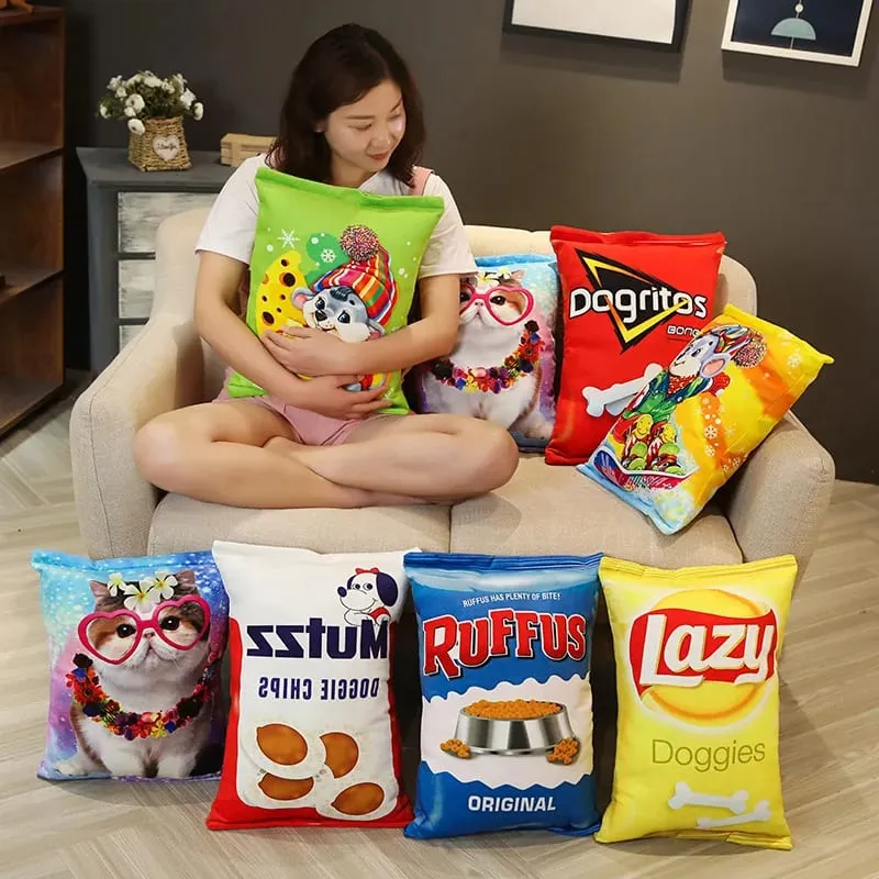Creative Lifelike Snacks Plush Pillow Simulation Cat Dog Food Potato Chips Cookie Lifelike Food Snack Cushion Plushie Props Gift — image 2