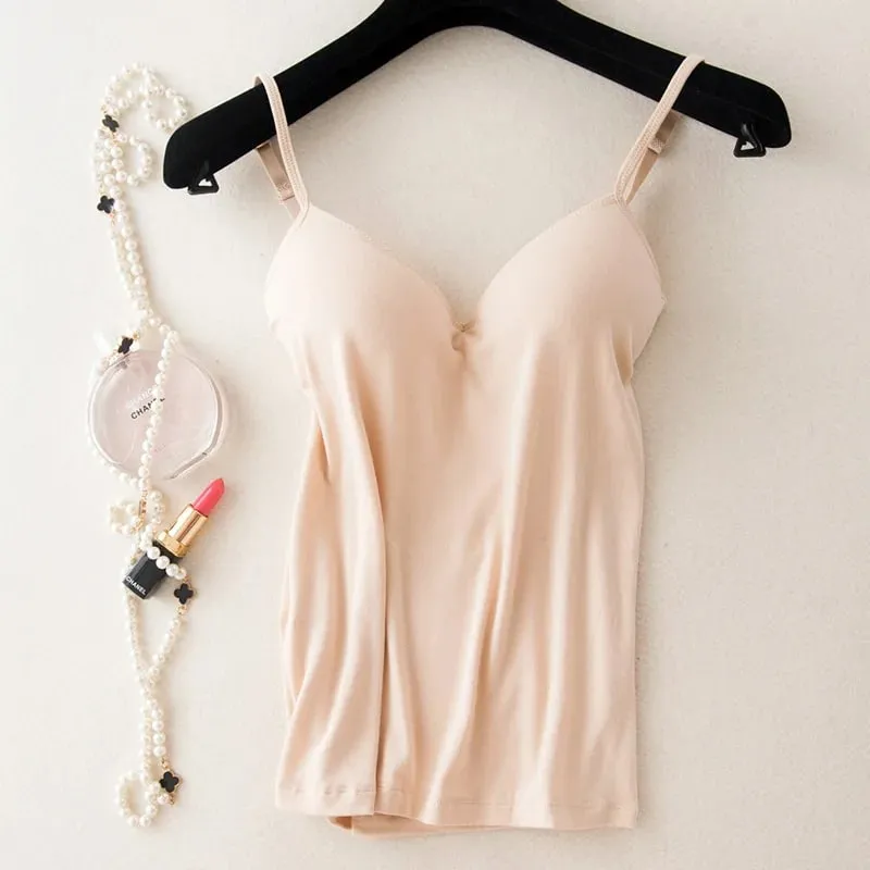 2024 Retro Vintage Basic&Casual Contracted wind Women Padded Bra Spaghetti Strap V Neck Vest Cami Tank Tops Shirt Blouse